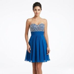 La Femme Blue Beaded Chiffon Strapless Prom Dress Womens 2 Formal Evening